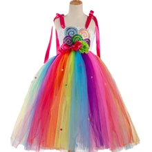 Вечерние платья-пачки ярких цветов с цветочным рисунком для девочек Детские платья радужной расцветки на бретельках из тюля «кроше», одежда на год для детей от 2 до 12 лет