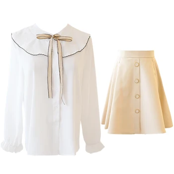 

new butterfly doll white long sleeve shirt skirts two-piece outfit women vestido top blouse sweet fashion set clothing