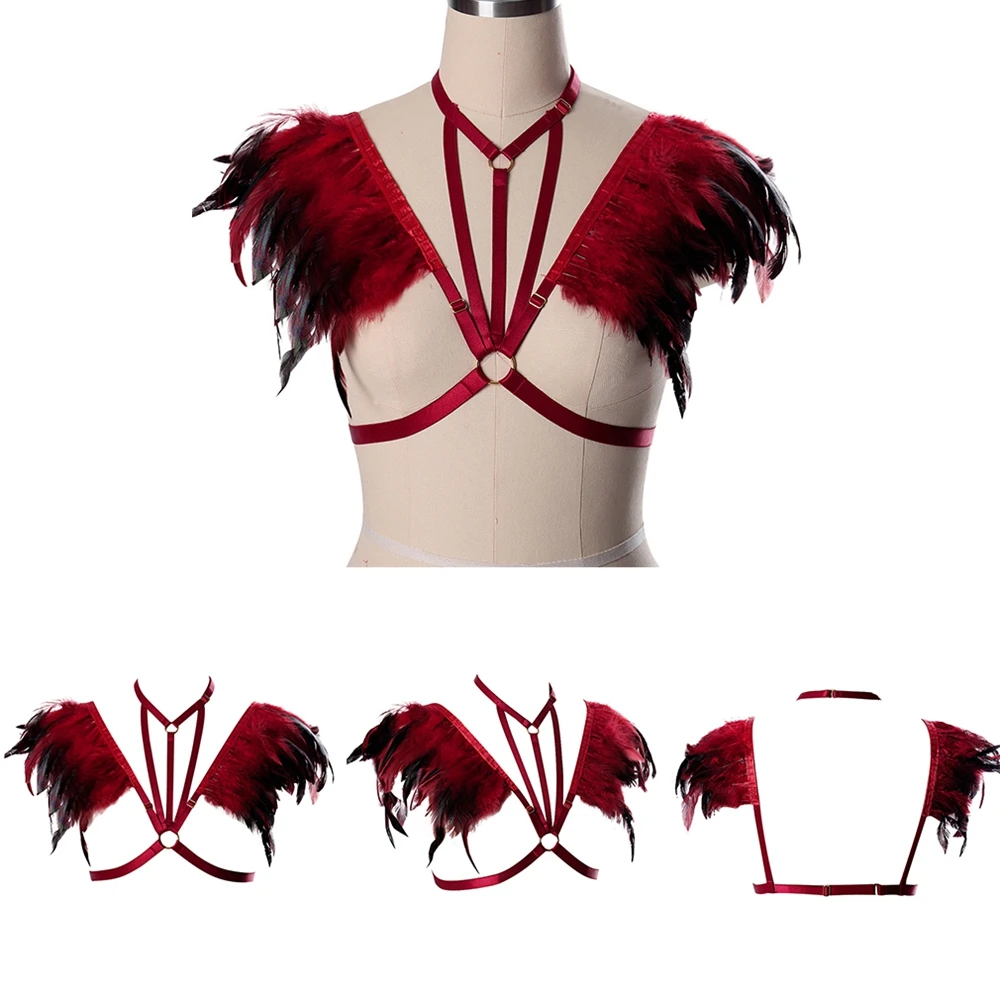

Exotic Costume Harness For Women Feathers Accessories Hollow Cage Bra Tops Suspender Sexy Lingerie Sword Belt Festival Rave