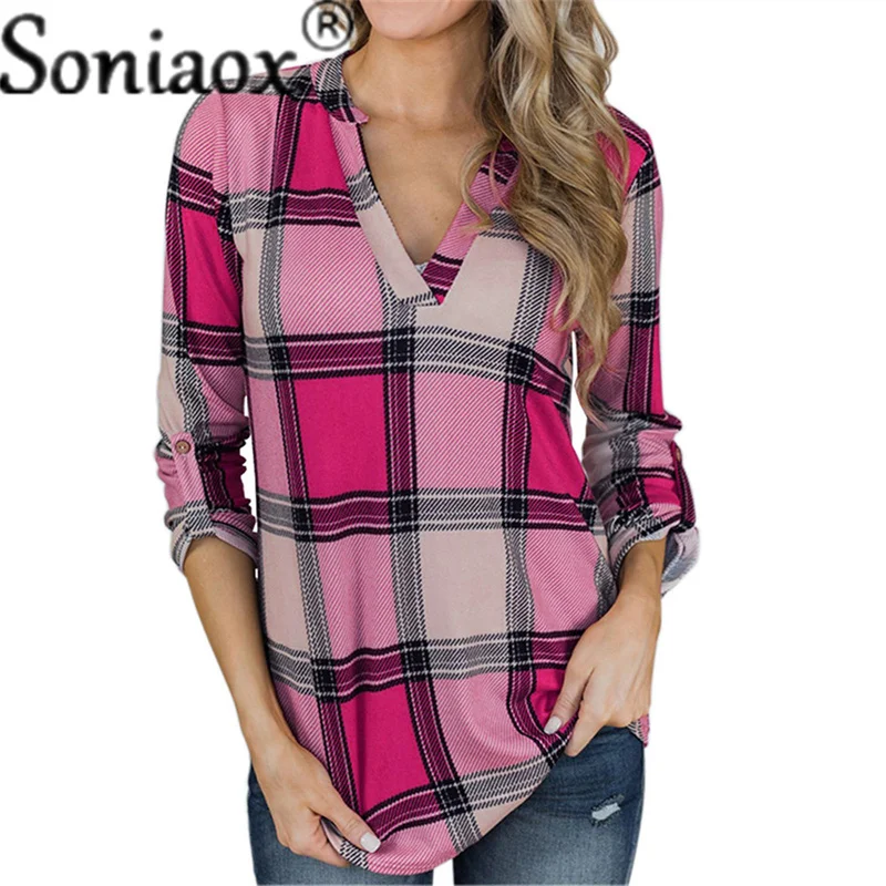 

Plaid Print Women's V Neck Long Sleeve Shirts Button Casual Tunic Tops 2021 Autumn Lattice Women Retro Ladies T-Shirt Blouse