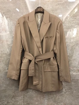 

2020 Early Autumn New Women's Lapel Tie Waistband Knotted Decorative Symmetrical Pocket Long-Sleeved Coat 901