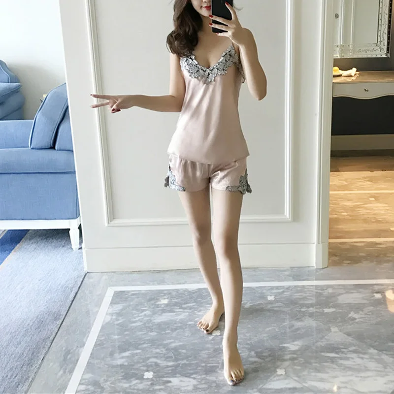 New Ladies Tops+Shorts Set Summer Sleeveless Lingerie Fashion Sexy V Neck Lace Stitching Women Sleepwear Set