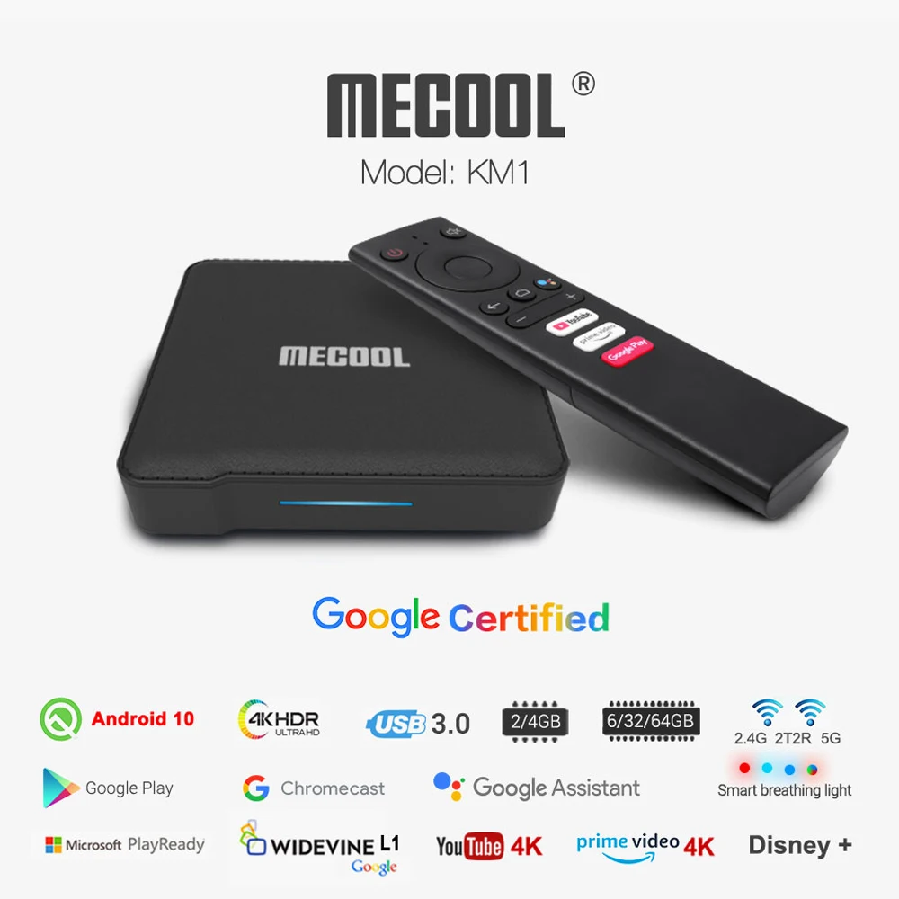 2020 Mecool KM1 Deluxe A TV Google Сертифицированный Android 10 ТВ бокс Amlogic S905X3 Prime Video 4K Dual Wifi 2T2R