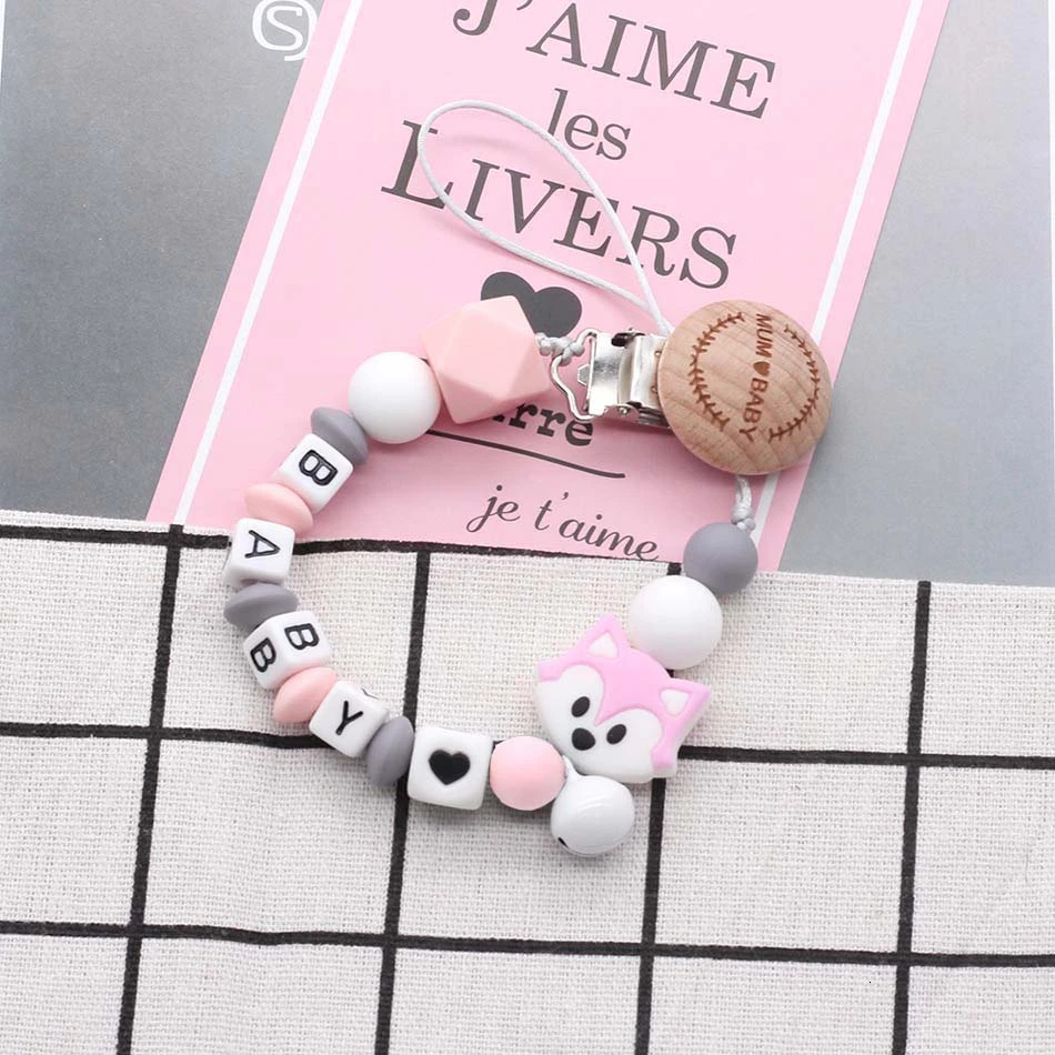 

Custom Personality Name Baby Silicone Pacifier Chain Silicone Beads Dummy Clip Pacifier Chain Teeth Teether Toy Russian Letters
