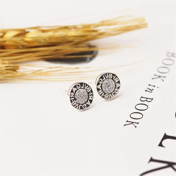 

S925 Sterling Silver Stud Earrings Classic Exquisite Fashion Round Letters Inlaid Zircon Small Girl Earrings