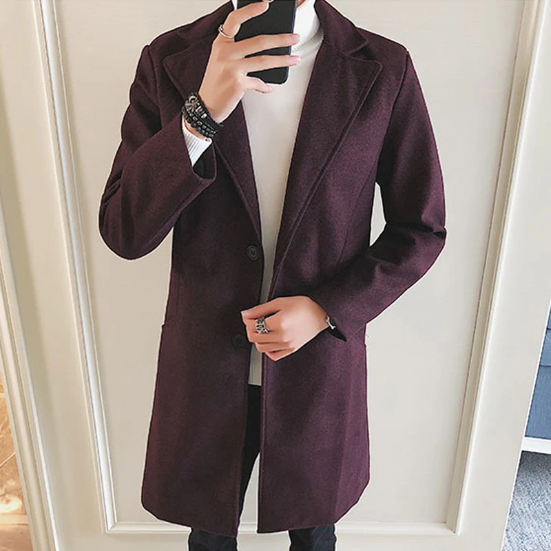 Мужские пальто и куртки, 5xl, модные теплые зимние пальто из ткани со снежинками, шерстяное кашемировое пальто, длинное тонкое пальто с отворотом, Новинка - Цвет: Burgundy