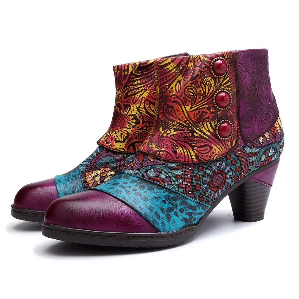

Retro Leather Folk-custom Booties Women Splicing Pattern Zipper Ankle Boots Designer Spike Heels Shoes European Ladies Shoes