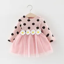 Vestido de algodón de manga larga con lunares y margaritas para niñas pequeñas, ropa de primavera