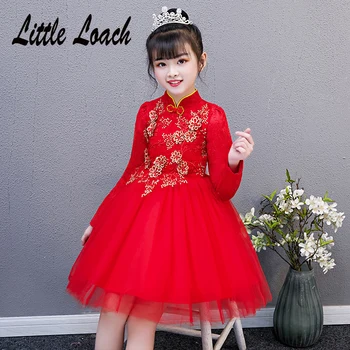 

New Year Red Dress Long Sleeve Princess Chinese Retro Dresses Flower Embroidery Kids Qipao Cheongsam Gown Party Evening Frocks
