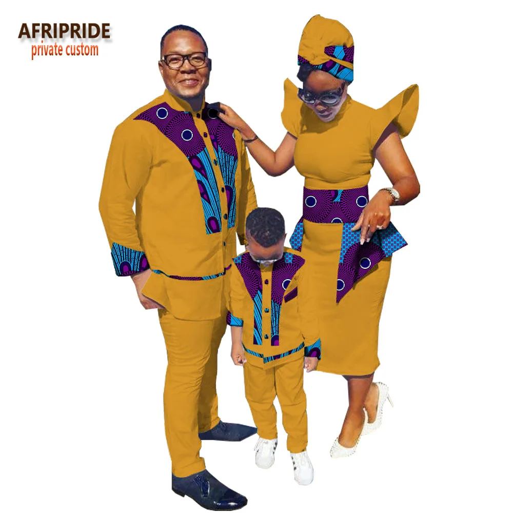 Семейная одежда с принтом в африканском стиле AFRIPRIDE, мужской костюм+ женское платье до середины икры с платьем и шарфом+ костюм для мальчиков Семейный комплект, A18F001