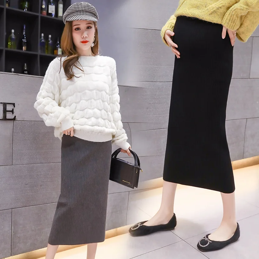 Maternity wear Half body skirt autumn and winter knit bag hip step skirt long section pregnant women stomach lift wool tid