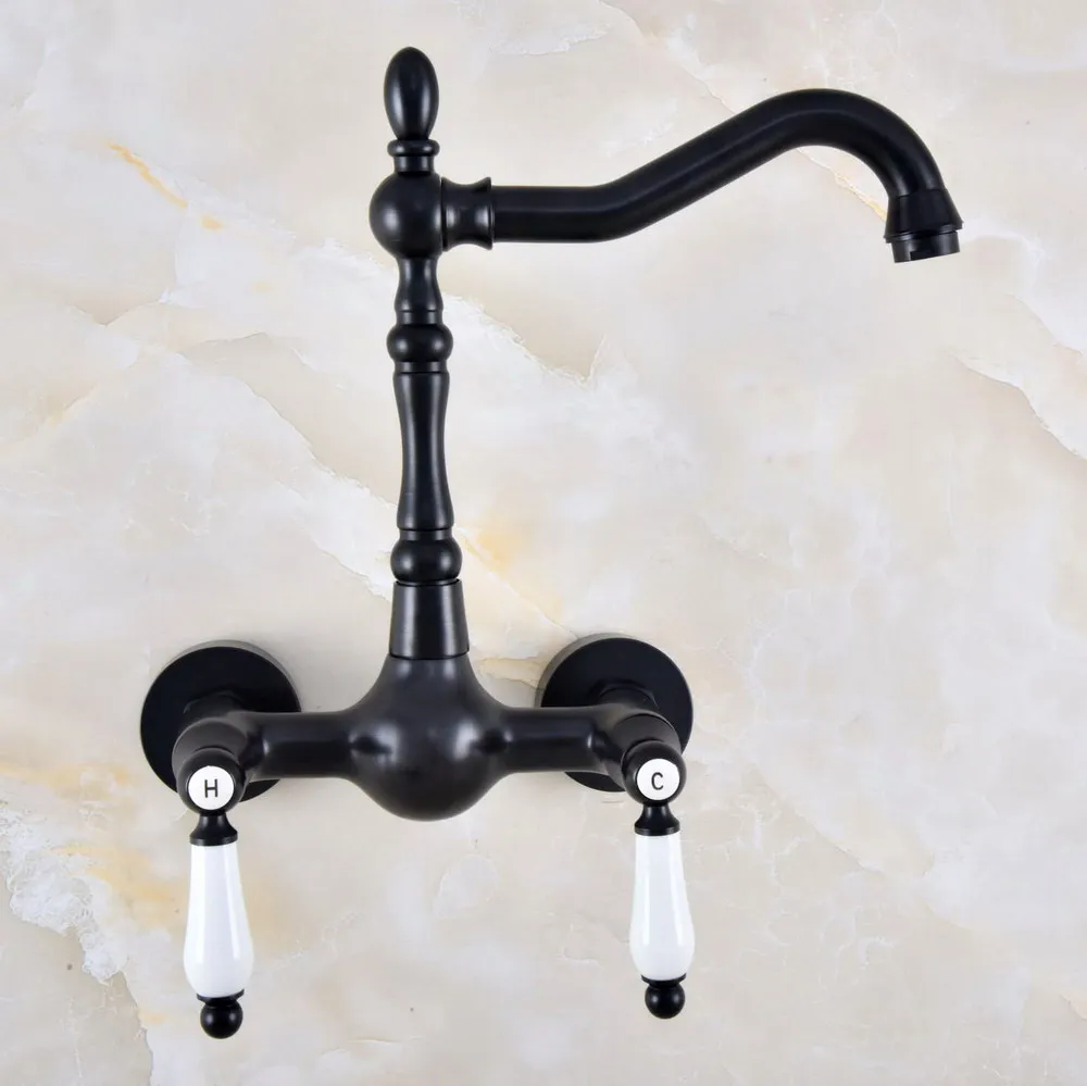 

Black Oil Rubbed Bronze Bathroom Kitchen Sink Faucet Mixer Tap Swivel Spout Wall Mounted Two Handles mnf856