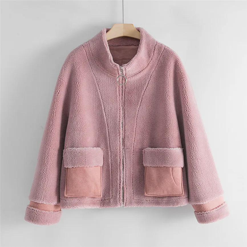 Pink Искусственное меховое плотное пальто для женщин, осенняя теплая мягкая свободная Меховая куртка, женская верхняя одежда на молнии, плюшевая женская зимняя короткая куртка 40 - Цвет: Pink