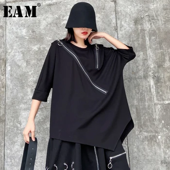 

[EAM] Women Black Zipper Split Big Size T-shirt New Round Neck Three Quarter Sleeve Fashion Tide Spring Autumn 2020 1S303