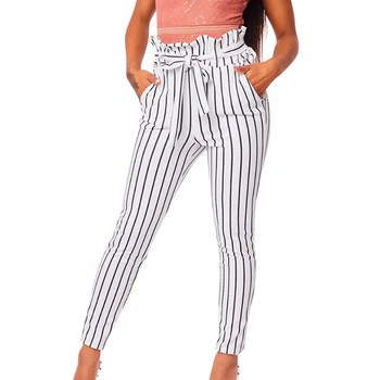 

Women Pants High Waist Fashion White Striped Print Skinny Casual Trousers Cropped Street Wear Harem Pants hot sale