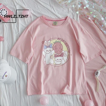 

HWLZLTZHT Woman Tshirts Korean Style Loose Sweet Short Sleeve Tee Shirt Kawaii Clothes Funny Graphic Female T-shirt Summer Tops