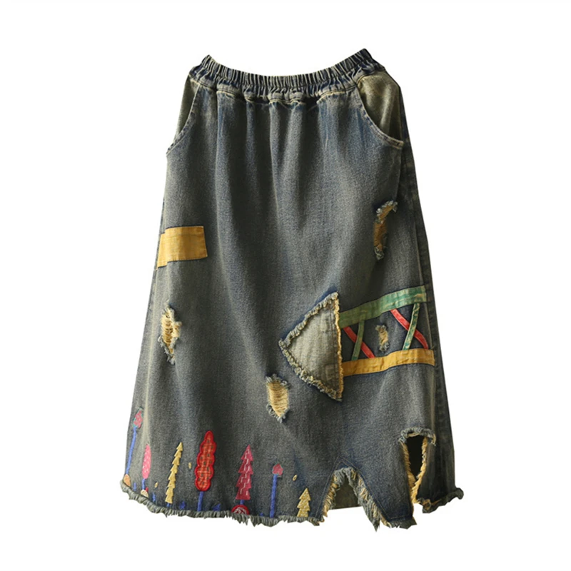 

Spring Mid Long Denim Skirts for Women Loose Patchwork Casual Fashion Plus Size Female Vintage Art Jeans Skirt 2019