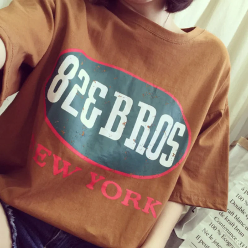 Brown Летняя Горячая футболка Женская Корейская версия Харадзюку стиль личности письмо печати свободная дикая футболка с коротким рукавом Женская Горячая - Цвет: Brown