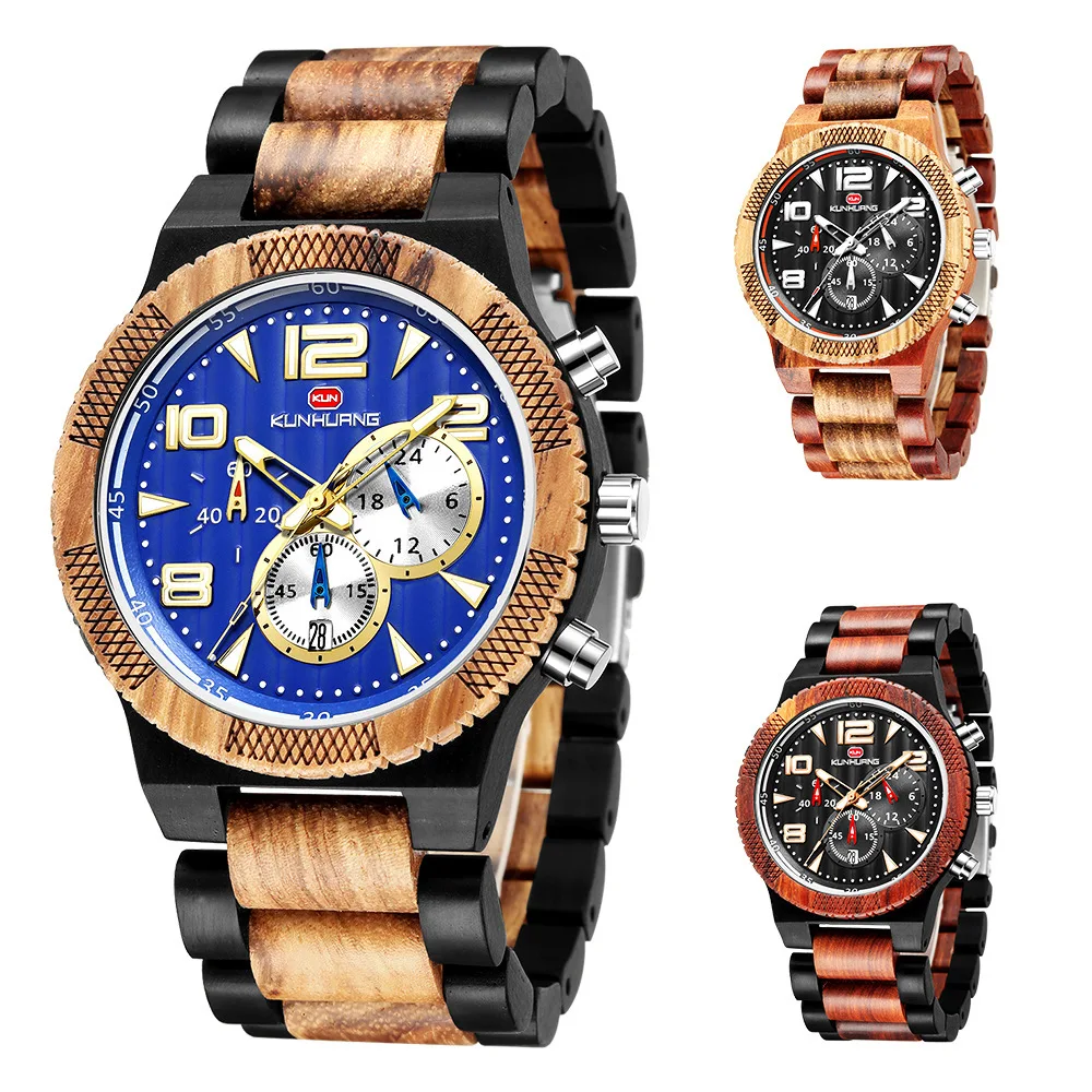 

Kun Emperor Man Wrist Watch Will Clock Dial Motion More Function Sandalwood Quartz Watch Band Noctilucent Wood Watch