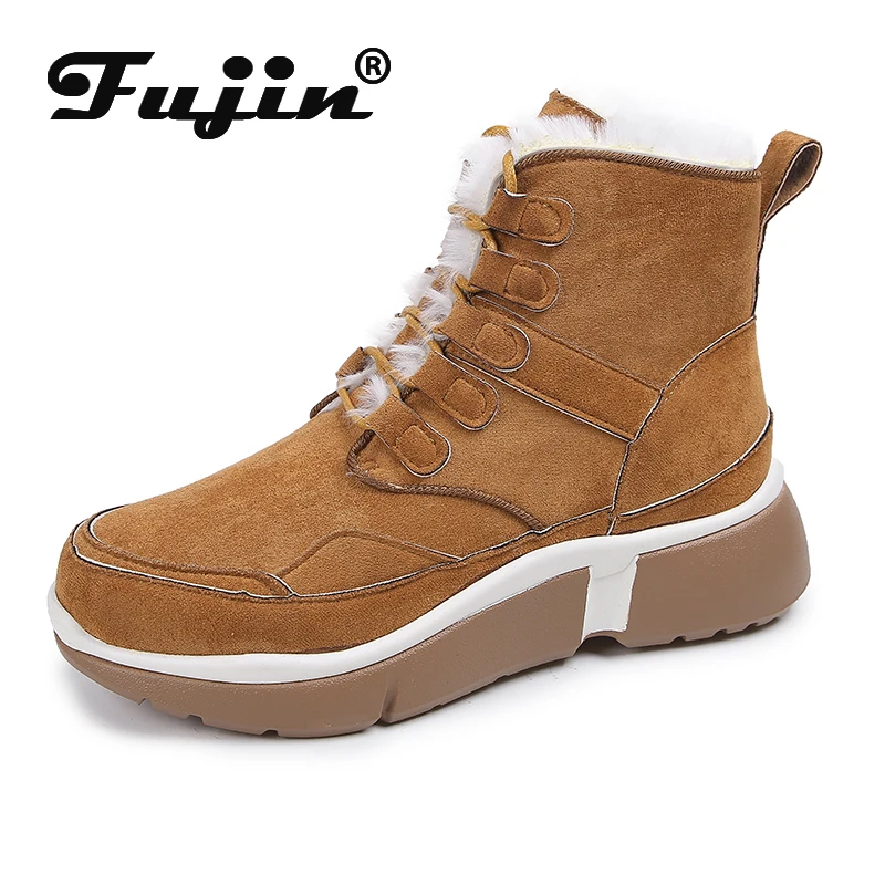 Fujin/зимние ботинки; женские зимние ботинки на плоской подошве; плюшевые теплые модные ботинки из флока с круглым носком; дышащие короткие ботинки на низком каблуке