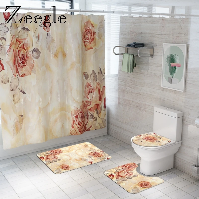 Zeegle Retro Floral Toilet Rug Set Shower Curtain Bath Mat Set Non Slip Bathroom Carpet Toilet Floor Mat Toilet U Shape Bath Mat