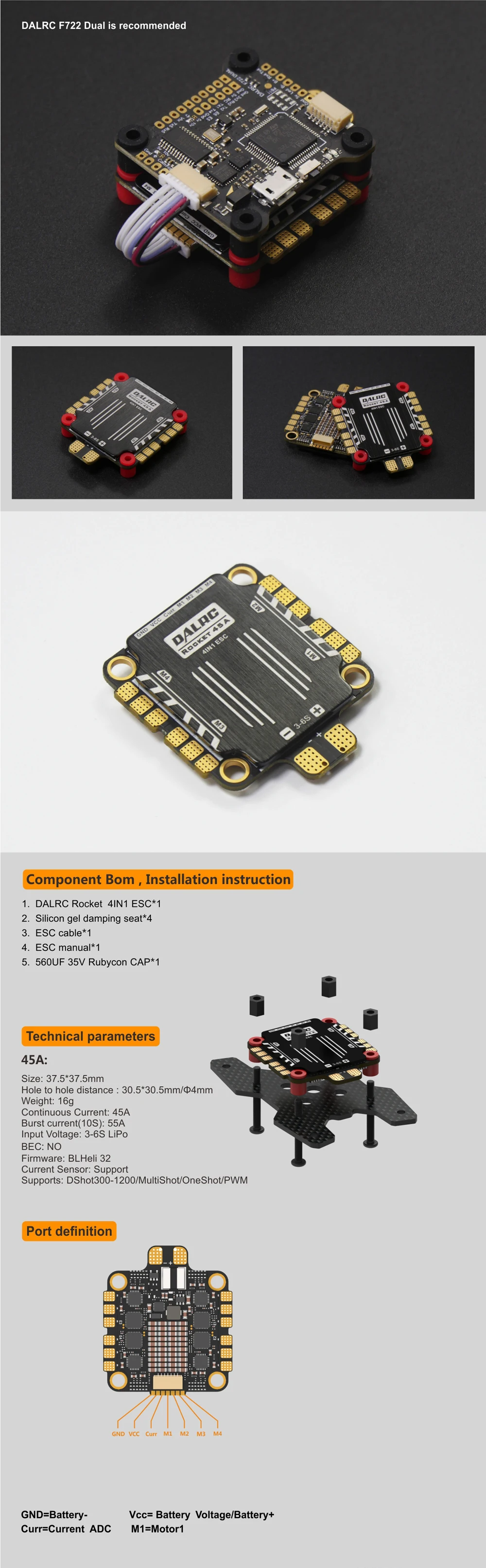 30,5*30,5 мм DALRC ракета 45A 4 в 1 ESC 3-6S BLheli32 поддержка DShot1200 STM32f051 FPV Бесщеточный ESC& DALRC F722 DUAL FC