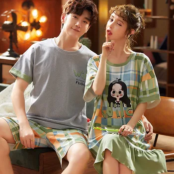 

Couple comfortable pajamas set 2020 autumn men's cotton short-sleeved pajamas set cute cartoon casual home service