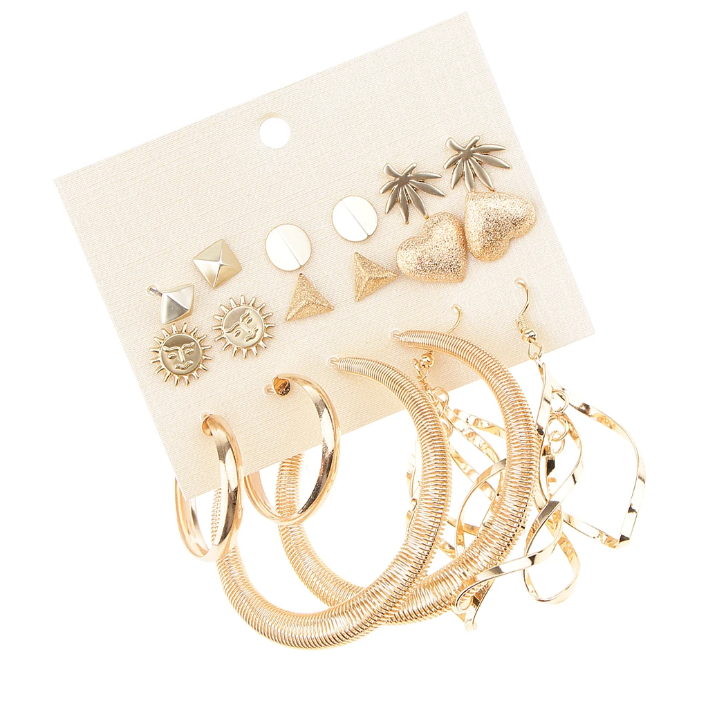 9 Pairs Multi Style Stud Geometric Sun Heart Leaf Loop Earrings Sets Mixed Gold Tone Bohemian Earring