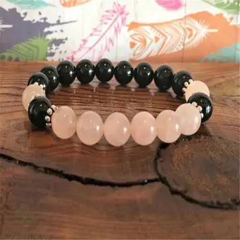 

8mm Rose Quartz Obsidian Gemstone Mala Bracelet 7.5 inches Pray Lucky Buddhism Meditation Reiki