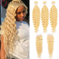 Brazilian Remy Human Hair Deep Wave Blonde Bundles With Lace Closure Platinum 613 Hair Wavy Bundles With Closure 4x4 EUPHORIA