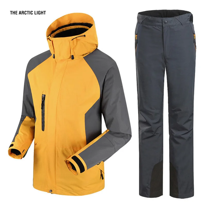 Мужская зимняя водонепроницаемая утолщенная Лыжная куртка и штаны, комплект для кемпинга, треккинга, спорта, туризма, 3 в 1, пальто и брюки для улицы - Цвет: yellow gray