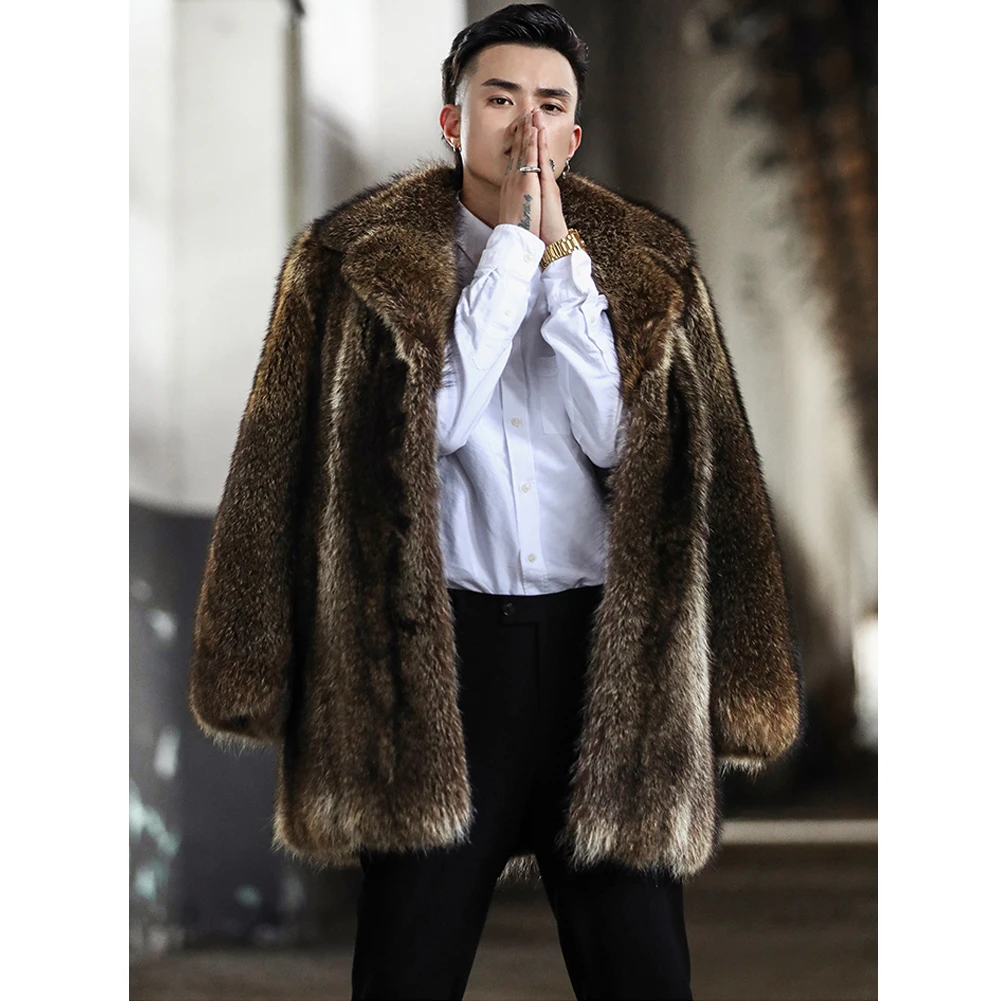 2019 новое импортное мужское коричневое пальто с мехом енота модная Длинная Верхняя одежда мужские кожаные куртки Толстая теплая куртка с