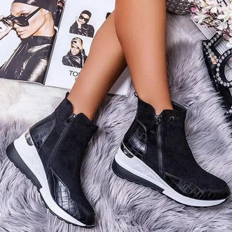 

2020 Women Ankle Boots High Heels Wedges Shoes Woman Booties Autumn Warm PU Leather Shoe Chaussures Femme Platform Boots