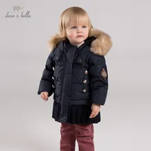 DB12006 dave bella/зимнее пуховое пальто с рюшами для маленьких девочек верхняя одежда с меховым капюшоном Детская куртка с подкладкой из 90% белого утиного пуха
