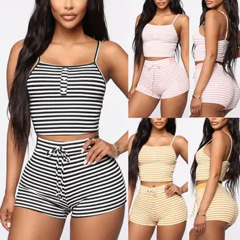 

Echoine Fashion Women Two Piece Set Sexy Spaghetti Straps Striped Knit Elastic Slim Lace Short Pants Night Suits Female Apparel