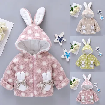 

Baby Children Loose Coat Zipper Bow Little Rabbit Pocket Rabbit Hat Dot Pattern Winter Long Sleeve Keep Warm Fashion Baby Coat