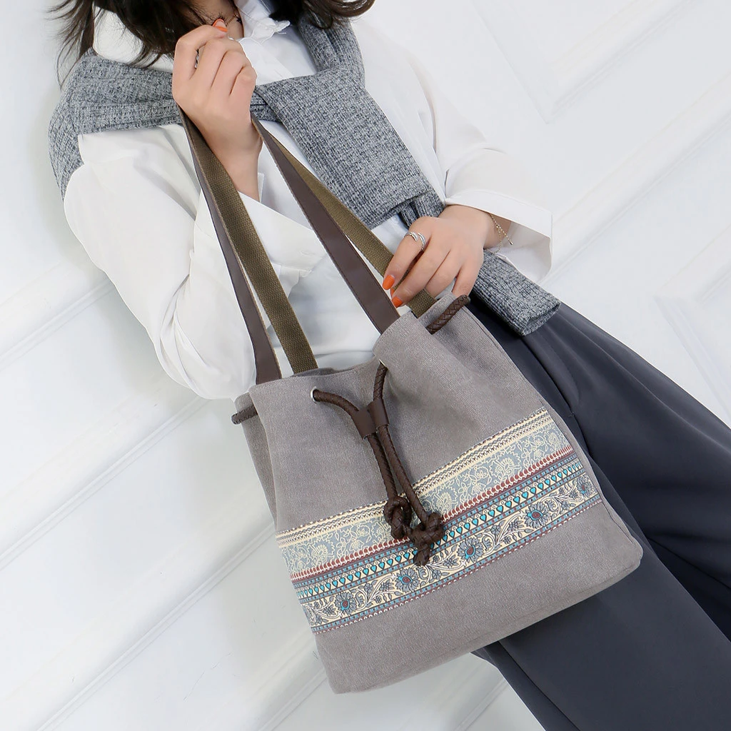 Style Canvas Handbags Women Drawstring Bucket Bag Lady Cheap Shoulder Single Shoulder Shopping Bags Floral Printed Beach Bag 820