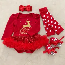 Веселый Рождественский комбинезон для новорожденных девочек, комплекты комбинезонов с длинными рукавами и рисунком оленя, комбинезон, 4 предмета, Детские вечерние костюм, одежда для детей