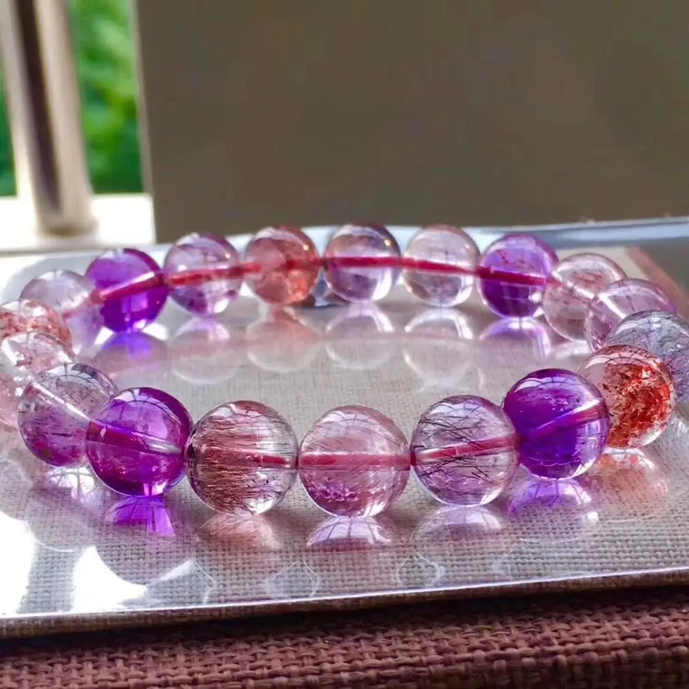 

10.5mm Natural Red Super Seven 7 Lepidocrocite Quartz Rutilated Quartz Crystal Round Beads Bracelet Women Men AAAAAA Certificate