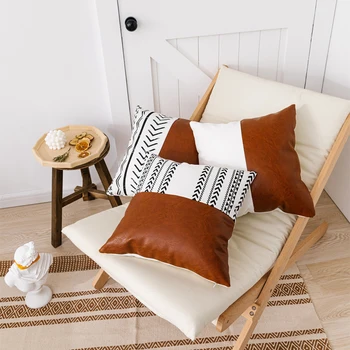 

Nordic style handmade cotton with PU seat pillow cushion detachable Morocco decoration sofa pillows 30x50cm