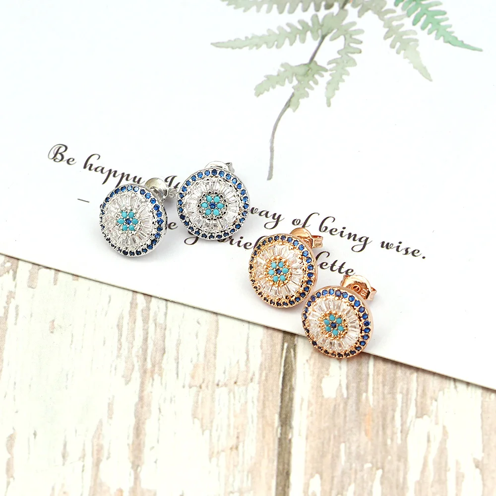 Stud Earrings Lucky Eye Blue Zircon Evil Eye Fatima Hand Stud Earrings Gold Silver Color Small Earrings for Women Girls Fashion Jewelry BD423