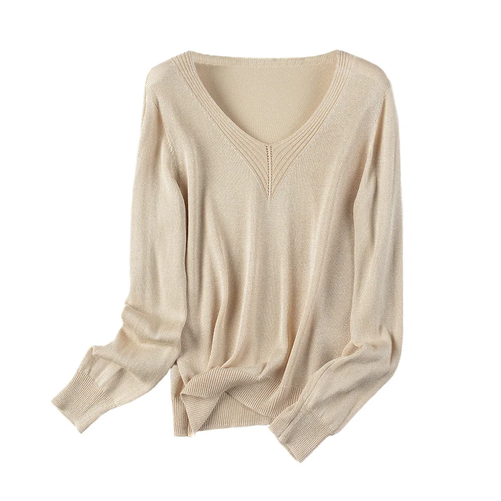 Женский Блестящий джемпер с люрексом свитер V-образным вырезом и длинным рукавом