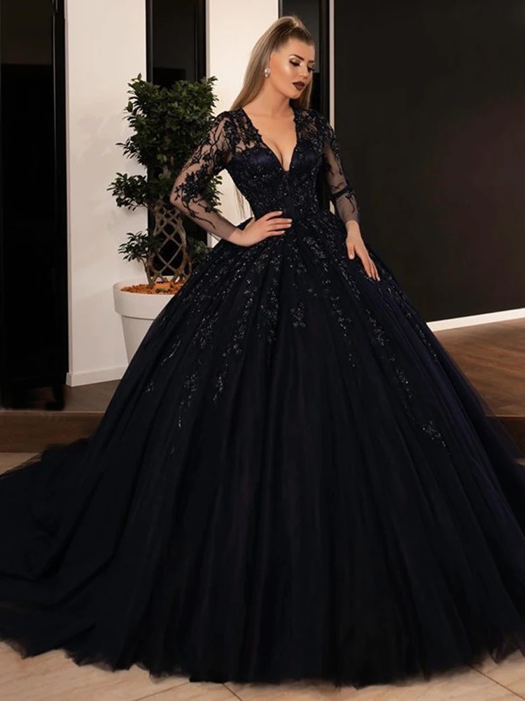 LORIE Ball Gown Black Wedding Dresses Sequin Lace Appliques Bridal Gowns with Long Sleeve Lace-up Princess Party Dress Plus Size 3