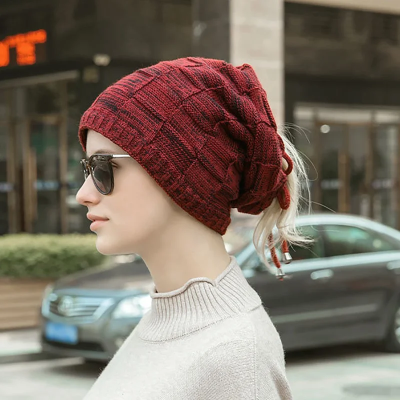 Multifunctional Scarf Beanies Cap Men Scarf Face Mask Ponytail Hiking Hats Neck Warmer Outdoor Winter Knitted
