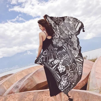 

black white totem long size women scarf Casual accessories Women sunscreen shawl Floral Print Summer Beach scarf hijab scarf