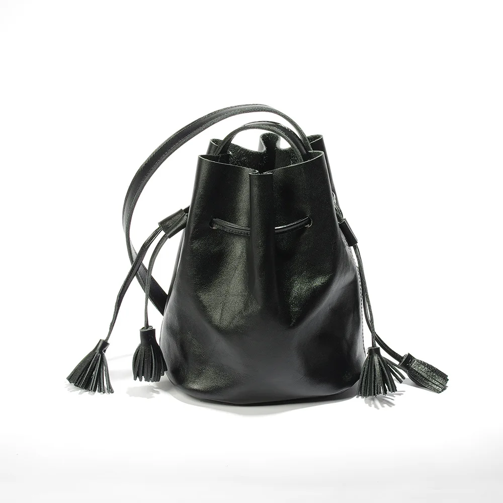 

Skeleton-skin Black And White with Pattern Bucket Bag Retro Genuine Leather Bucket Bag Pull-belt Single-shoulder Crossbody Bag W
