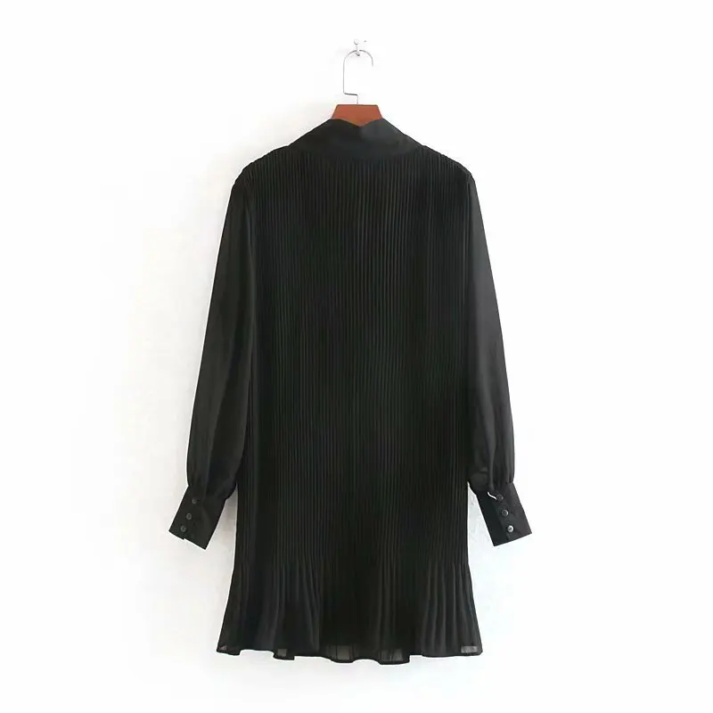 VOGUEIN Новое Женское повседневное черное Плиссированное мини-платье с длинными рукавами и бантом