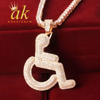 

Wheelchair Handicap Sign Necklace & Pendant Gold Color Bling Cubic Zircon Men's Hip hop Chain Rock Jewelry