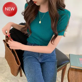 

Crop Top For Women Basic Shirt 2020 Summer short Sleeve Elegant Ladies Shirts Solid Sexy Knit