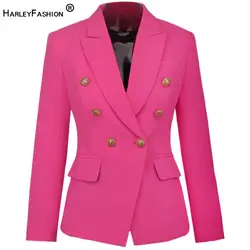 HarlyFashion Европейский дизайнер Элегантный Потрясающий яркий цвет женский модный Блейзер металлические пуговицы Розовые узкие качественные